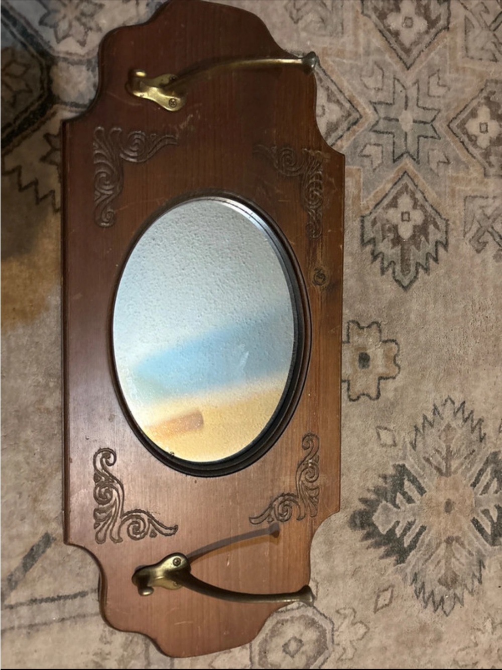 Wood Wall Mirror with Brass Hooks - Brown